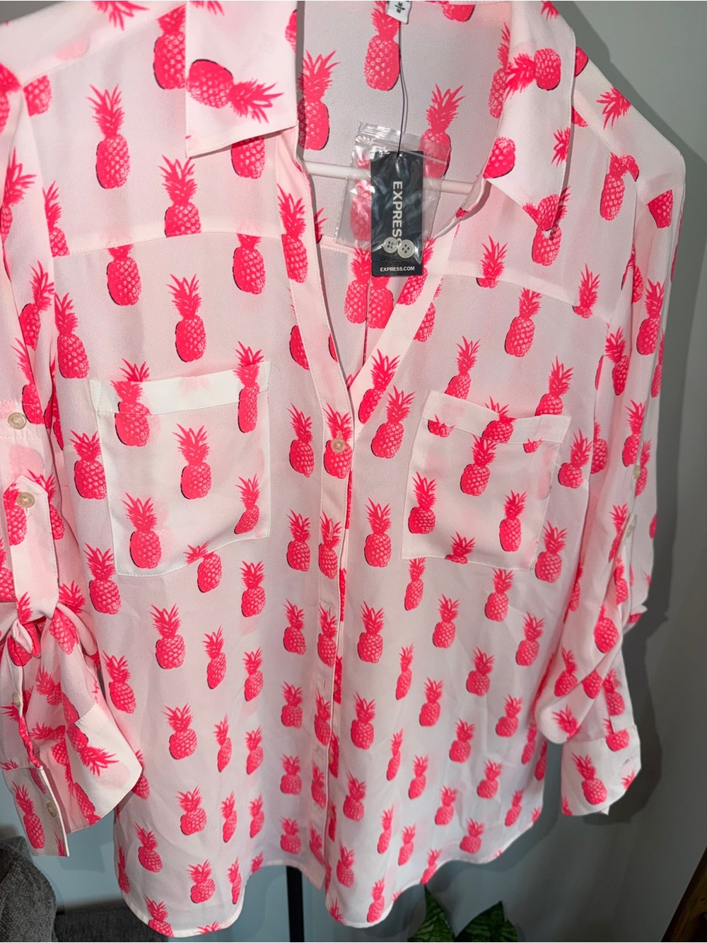 Express Men’s Neon Pink Pineapple Button-Up Shirt